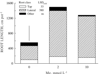 Figure 3. Total soybean root length and length of individual root classes at harvest in subsurface solution Mg treatments which received 15 µmol L -1  Al in Experiment 1