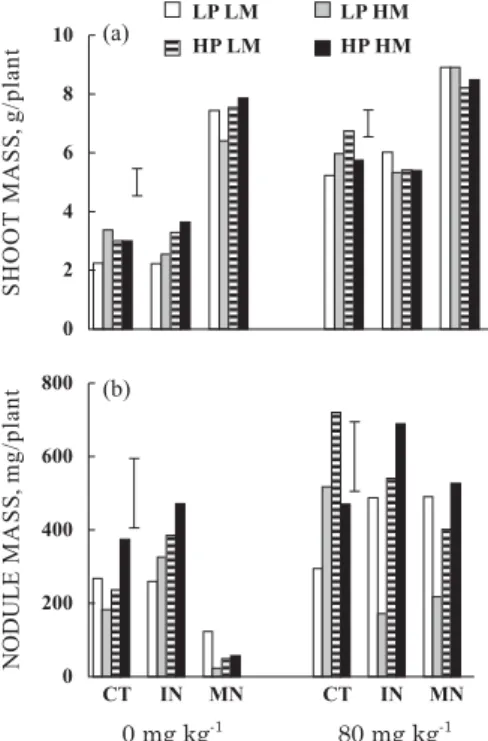 Figure 1. Shoot (a) and nodule (b) mass of common bean plants grown at two P levels applied to the soil (0 and 80 mg kg -1 ) and three N sources (CT control without N, IN inoculated with rhizobia, MN mineral N), originating from seeds with different concen