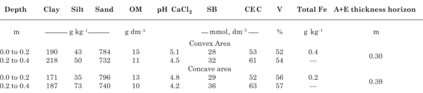Table 1. Granulometric, chemical and A+E thickness horizon attributes of the convex and concave hillslope curvatures (an average 121 points in each area)
