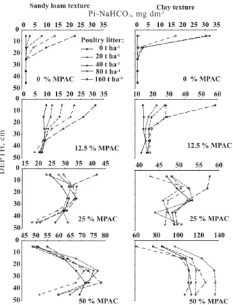 Figure 5. Organic phosphorus contents (Po) extracted by NaHCO 3  (Po-NaHCO 3 ) from samples of two Latosols with sandy loam und clay texture, prefertilized with increasing mineral P rates as related to the poultry litter rates applied in the top ring.