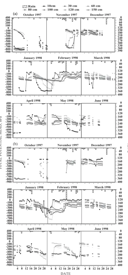 Figure 7. Daily variations of the total water potential head in tensiometric station 1 (TS1) situated in the summit segment (a), and in tensiometric station 2 (TS2) situated at the transition between the summit and upper shoulder segments (b)