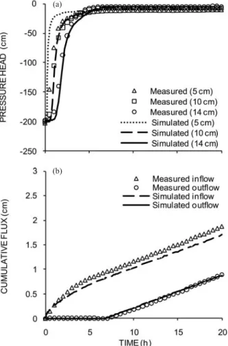 Figure 4. Comparison of observed and simulated (optimized simulation series) pressure heads 5, 10 and 14 cm below the surface (a), and cumulative infiltration and outflow (b) for infiltration run ( h  = -10 cm run A).