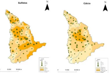 Figura 3. Mapas estimados para o cálcio e sulfatos na bacia hidrográfica do rio Águeda.