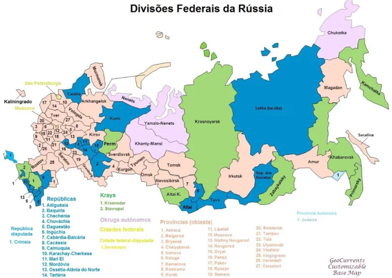 Figura  A3  –   Mapa  administrativo  da  Rússia.  Inclui  os  territórios  disputados  da  Crimeia  e  de  Sevastopol