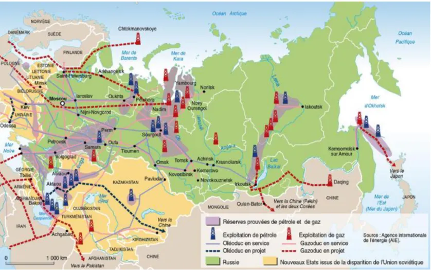 Figura A5  –  Rede de oleodutos e gasodutos na Rússia. Inclui rotas projetadas. Legendado em francês