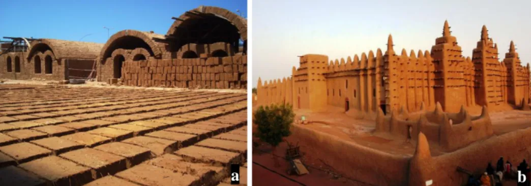 Figura 4. a) Fabrico de adobe em Sheikh Zayed, Faixa de Gaza[16]. b) Mesquita de Djenna, no Mali  4  [34] 