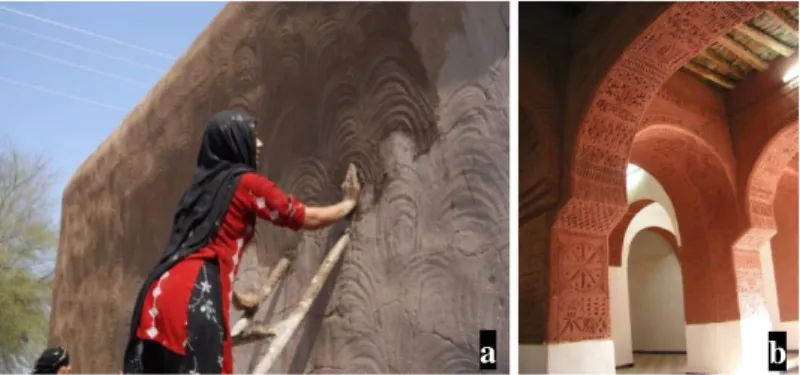 Figura 8. a) Execução de um reboco ”à mão”, Índia. b) Reboco esgrafitado em Timimoun, Argélia[16] 