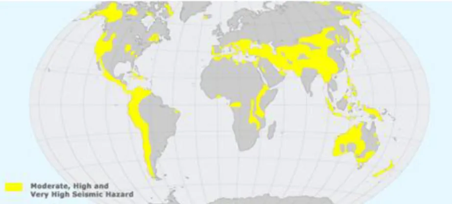Figura 13. Distribuição das zonas com actividade sísmica com intensidades altas e moderadas