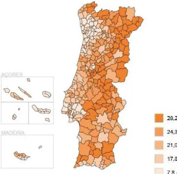 Figura 2.2.1 Percentagem da população com 65 ou mais anos por municípios (2013) 
