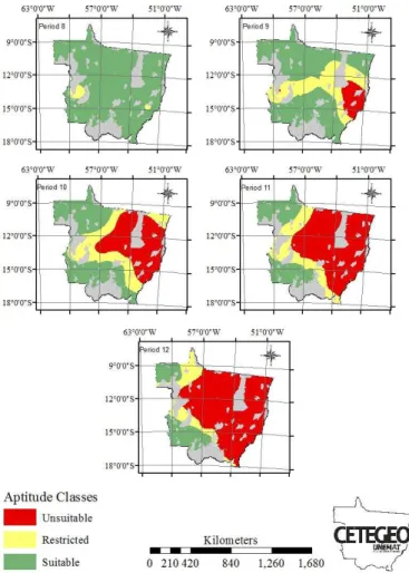Figure 2. Zoning of common bean sowing risk classes for  the Mato Grosso state based on the Water Requirement  Satisfaction Index and on AWC of 50 mm