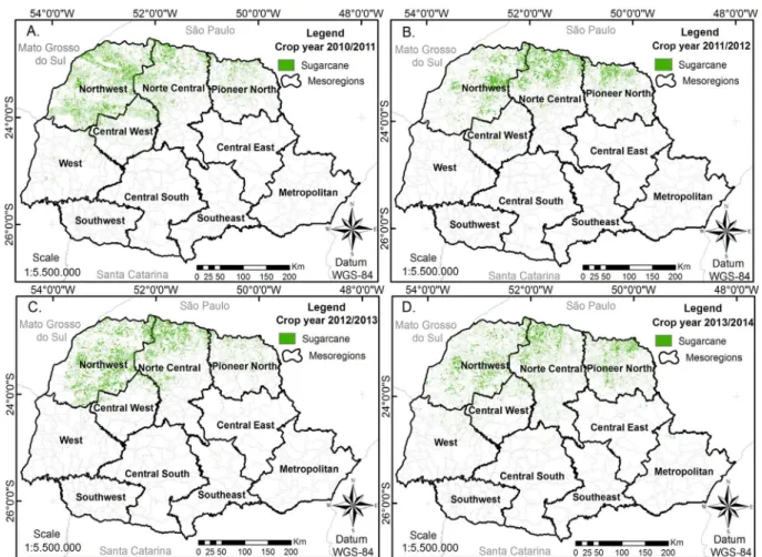 Figure 2. Mappings of the sugarcane crop areas in the Paraná state for the crop years (A) 2010/2011; (B) 2011/2012; 