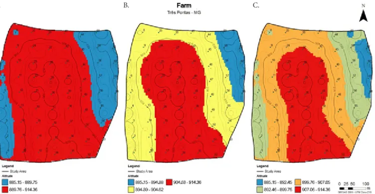 Figure 1.  Management zones based on the variable altitude in: (A) two zones, (B) three zones and (C) four zones