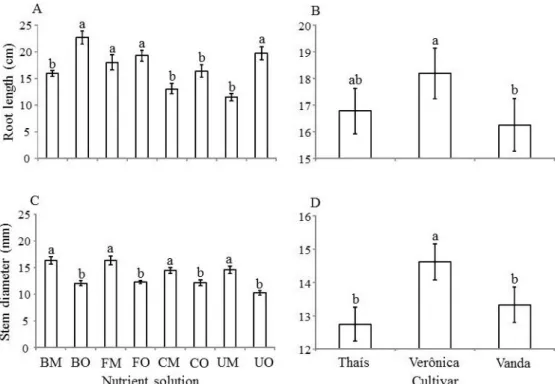 Figure 2. Root length and stem diameter as a function of the isolated effect of the mineral nutrient solutions (A and C)  and cultivars (B and D)