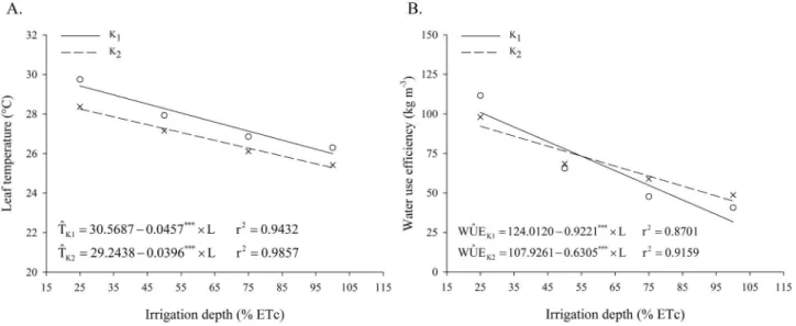 Figure 4.   Response of leaf temperature (LT) and water use efficiency (WUE) as a function of the applied irrigation depth  (% ETc) for each potassium dose