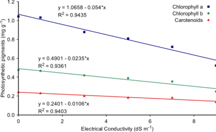 Figure 2. Mean contents of chlorophyll a, b and carotenoids  at  different  levels  of  electrical  conductivity  (n  =  4)  evaluated 44 days after the stress
