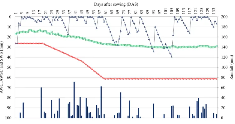 Figure 1. Mean values of rainfall, available water capacity (AWC), actual water storage capacity in the soil (AWSC) and  soil water storage (SWS) during the experimental period