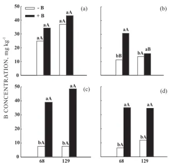 Figure 2. Boron concentration in different plant components (a - root; b – stem; c – mature leaves; d - young leaves) of two eucalyptus clones (129 and 68) in the absence and in the presence of B in the nutrient solution