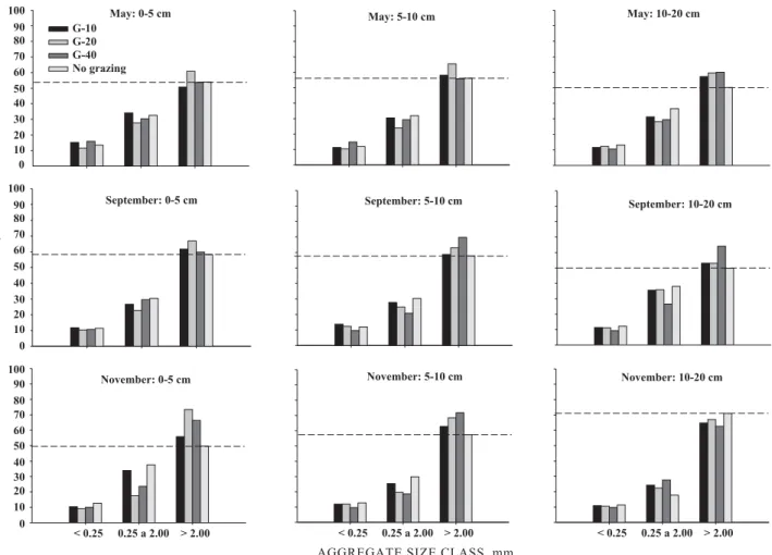 Figure 1. Water-stable aggregate distribution in different layers and samplings in a Red Latosol, grouped in three size classes for grazing intensities