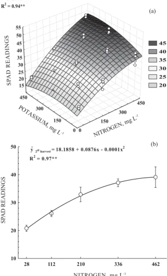 Figure 1. SPAD readings taken on the newly expanded lamina leaf (NL) of ‘Mombaça’ grass, in the first (a) and second (b) growth, as related to N and K or N rates.
