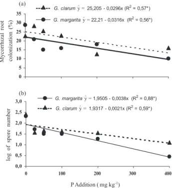 figure 4. Mycorrhizal root colonization (a) and log  of spore number (b) in 50 cm 3  soil cultivated in  physic nut plants inoculated with arbuscular  mycorrhizal fungi at different P levels