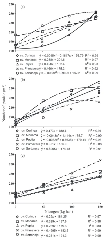 figure 2. number of panicles per m 2  of cultivars  as a function of  n rates and application times  100 % applied at planting (a); 50 % at sowing and  50 % at tillering (b); and 100 % at tillering (c).