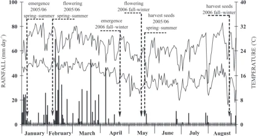 Figure 1. rainfall ( ) and maximum ( ) and minimum ( ) temperatures recorded during the experi- experi-ment, and timeline of emergence, flowering and harvest of castor bean hybrid Lyra in the 2005/2006  spring-summer and 2006 fall-winter growing seasons.