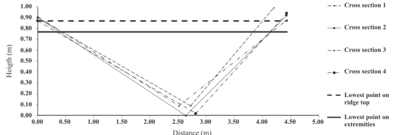 figure 5. cross section profile of the channel of terrace 1 after simulation of ridge height elevation.