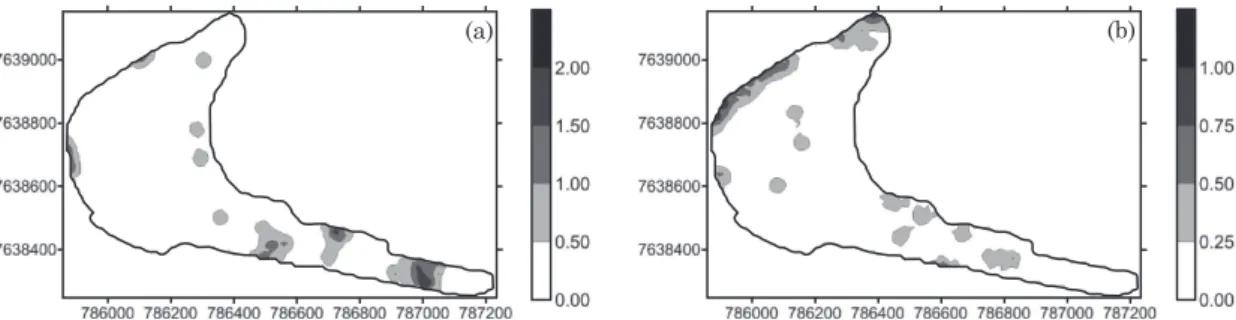 Figure 3. The two optimal sampling schemes, showing the locations of additional points (red dots) for the chemical properties (a), physical properties (c), optimal sampling scheme applied to the kriging map of the calcium content (b) and scheme applied to 