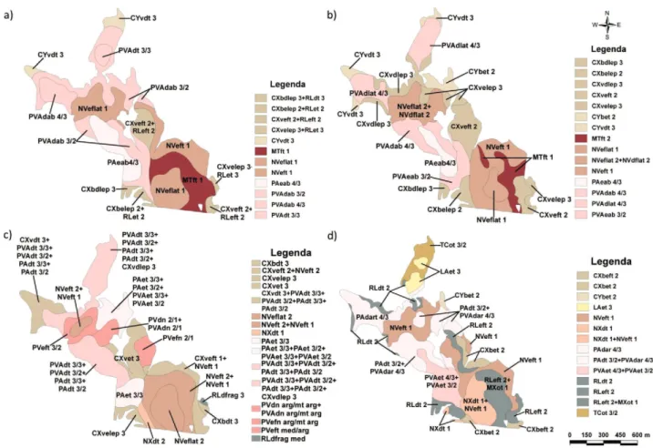 Figure 2. Conventional soil maps: a) map A; b) map B; c) map C, and d) map D.