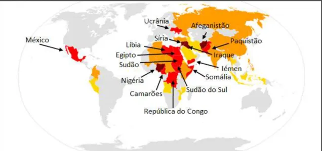 Figura 2 - Locais de conflitos em curso ao redor do mundo, Agosto de 2014  Fonte: https://pt.wikipedia.org/wiki/Lista_de_conflitos_em_curso 