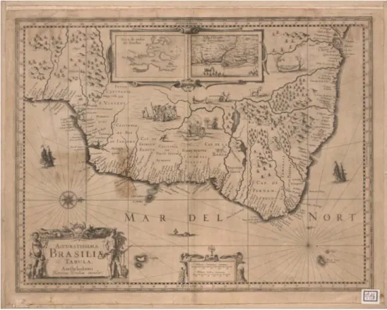 Fig. 2- Carte de la côte du Brésil avec les divisions des capitaineries de Paraíba, Pernambouc, Ilhéus, Porto Seguro,  Espírito Santo, Rio de Janeiro et São Vicente