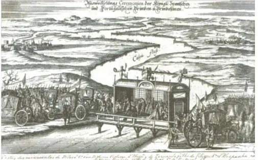 Fig. 5 – Pavillon-pont construit sur le Caia pour l’échange de Princesses, dessin (1729)