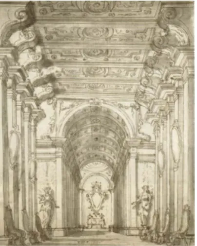 Fig. 17 – G. C. S. GALLI BIBIENA, Décor de la galerie d’un Palais, dessin. LISBOA : Musée National d’Art Ancien,  Inv° 1108.) 