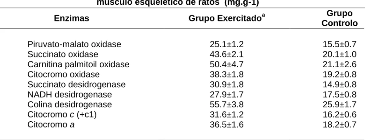 Tabela  1.  Efeito  do  treino  de  endurance  no  conteúdo  de  enzimas  mitocondriais  do  músculo  esquelético de ratos