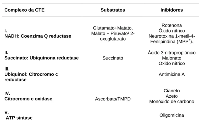 Tabela 11. Substratos e inibidores dos complexos da CTE  (adaptado de Fontaine et al. 1998; 