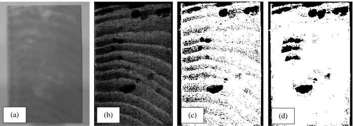 Figure 3: Images of the various steps related with μ-XCT methodology: (a) scanning procedure  (acquisition); (b) after reconstruction process; (c) analysis – binary image and (d) binary treated image 