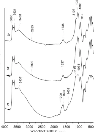 Figure 3. Transmission FTIR spectra of the whole soil (a), of the HS-extracted soil (b) and of the oxidized soil (c) of the Chernosol.