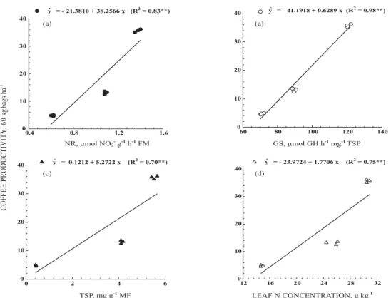 Figure 7. Relationships between: coffee yield and nitrate reductase activity (NR) (a); coffee yield and glutamine synthetase (GS) activity (b); coffee yield and leaf total soluble protein (TSP) (c), coffee yield and leaf N concentration (d), considering th