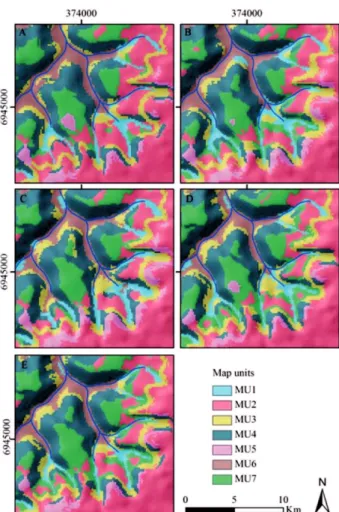 Figure 4. Extracts of the soil maps predicted from five sets of samples: (a) 5 %, (b) 10 %, (c) 15 %, (d) 20 %, (e) 25 %