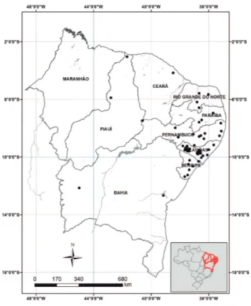 Figure 1. Northeastern region of Brazil (inset: Brazil) showing locations where data of water retention and PTF estimators sand, clay, organic matter contents and bulk density were measured