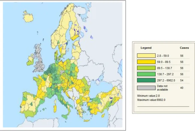 Fig. 10 - Densidade populacional por NUTS2  Fonte: EUROSTAT 2012