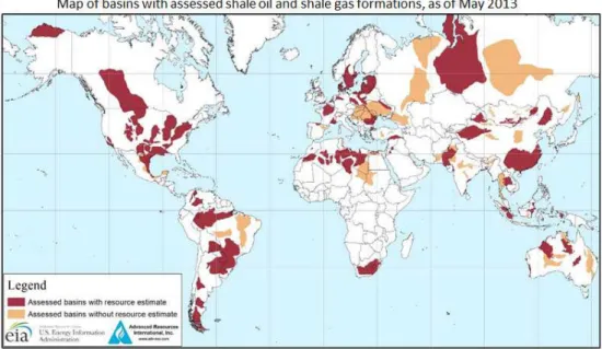 Figura   VIII   –   Mapa   das   bacias   geológicas   com   formações   de   óleo   e   gás   de   xisto,   a   nível    mundial   em   2013   