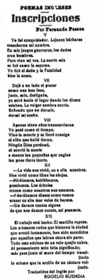 Fig. 1. “Inscripciones, por Fernando Pessoa” (traducción de Rogelio Buendía). 