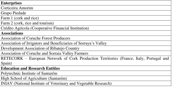 Table I - Local and Regional actors involved in the governance of cork based activities (Coruche)  Enterprises 