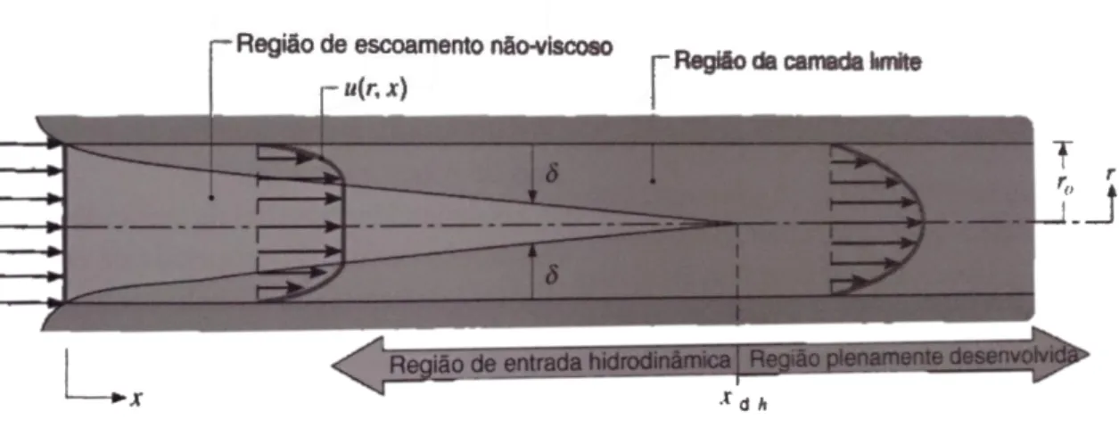 Figura 4.7 - Desenvolvimento da camada limite hidrodinâmica para um escoamento laminar no interior de um tubo  circular (adaptados de (Incropera et al., 2007))
