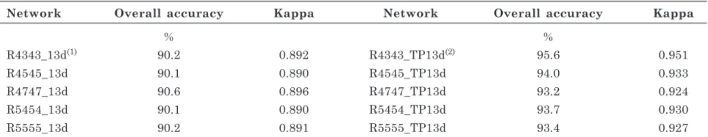 Table 4. Kappa significance matrix and respective indices for the different neural network architectures selected from set 12_TP12d
