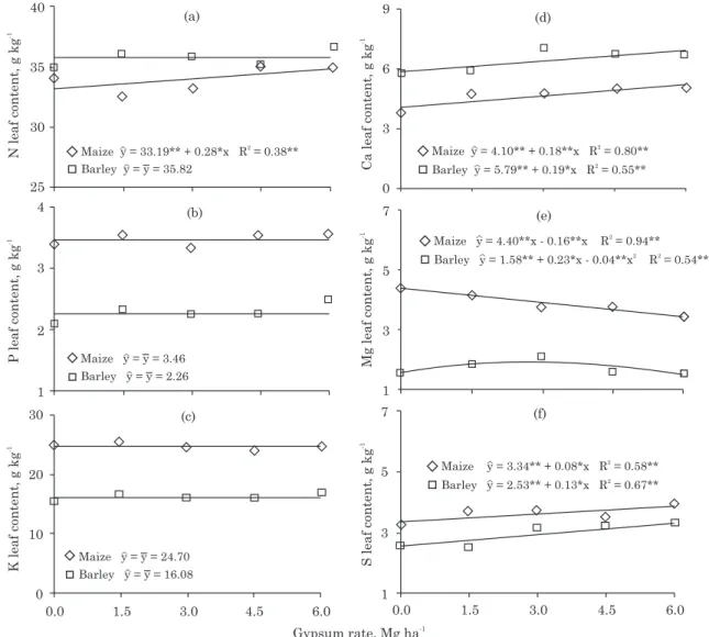 Figure 4. Leaf tissue content of nitrogen (N), phosphorus (P), potassium (K), calcium (Ca), magnesium (Mg), and sulfur (S) in maize and barley crops as a function of gypsum rates applied on the soil surface under a no-till system