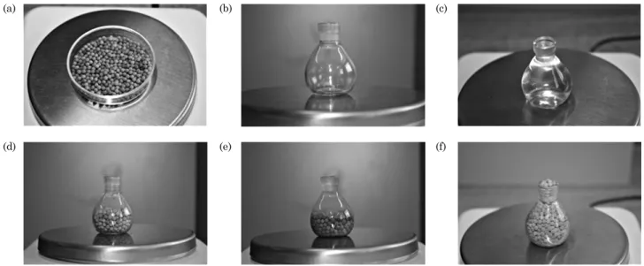Figure 1. lead spheres (a); pycnometer without lid (b); pycnometer without lid full of water (c); pycnometer  without lid with lead spheres to measure particle density (d); pycnometer without lid with lead  spheres full of water (e); pycnometer without lid