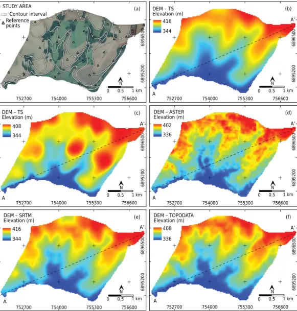 Figure 2. (a) Study area with the locations of 41 reference points (RP) and contour line  (20 m) from the Topographic Map (TM); (b) DEM-TS; (c) DEM-TM; (d) DEM-ASTER; (e) DEM-SRTM; 