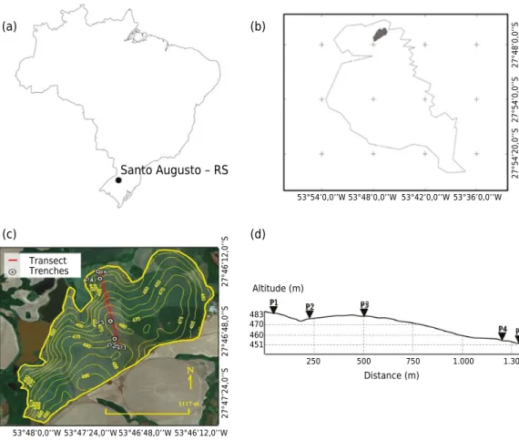 Figure 1. Location of the municipality of Santo Augusto (a); Location of the experimental area  in Santo Augusto (b); experimental area with altitude contours and transect with studied profiles  (c); elevation profile based on the transect with profile loc